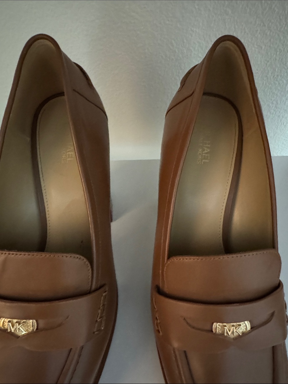 Michael Kors Brown Leather Platform Penny Loafers with Gold MK Accent - Picture 7 of 7